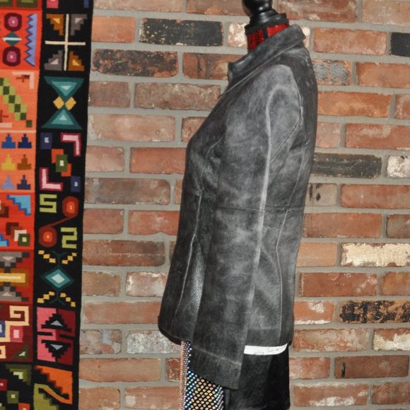 Vintage 90s Danier Tailored Grey Distressed Leather Coat Jacket P US 4-6 - Picture 6 of 11